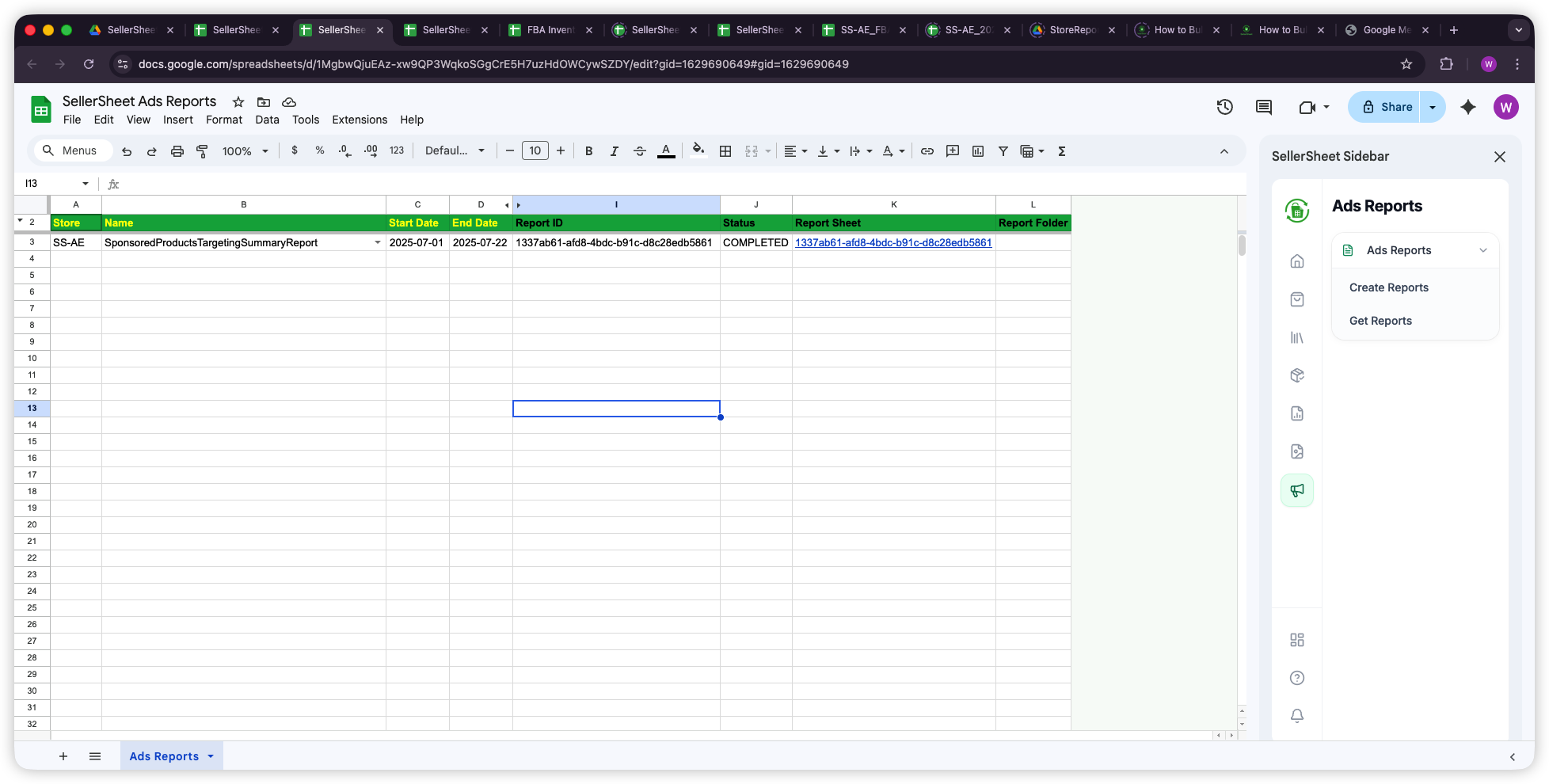 Ads Reports sheet showing report configuration with SellerSheet sidebar