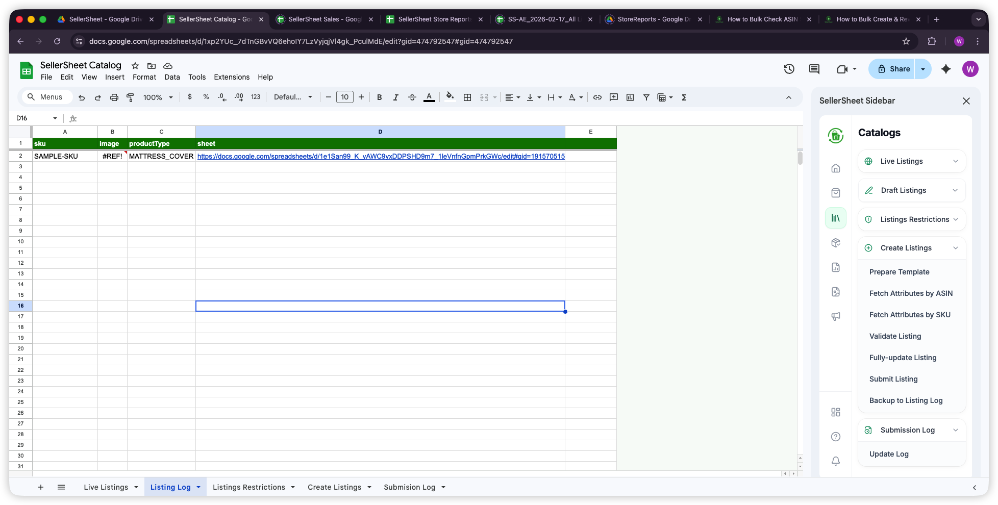 Listing Log sheet showing backed-up SKUs with productType and hyperlink to the saved sheet copy