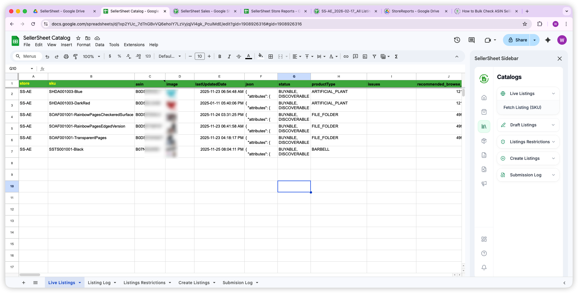Live Listings sheet showing the JSON column with full attribute data for each SKU
