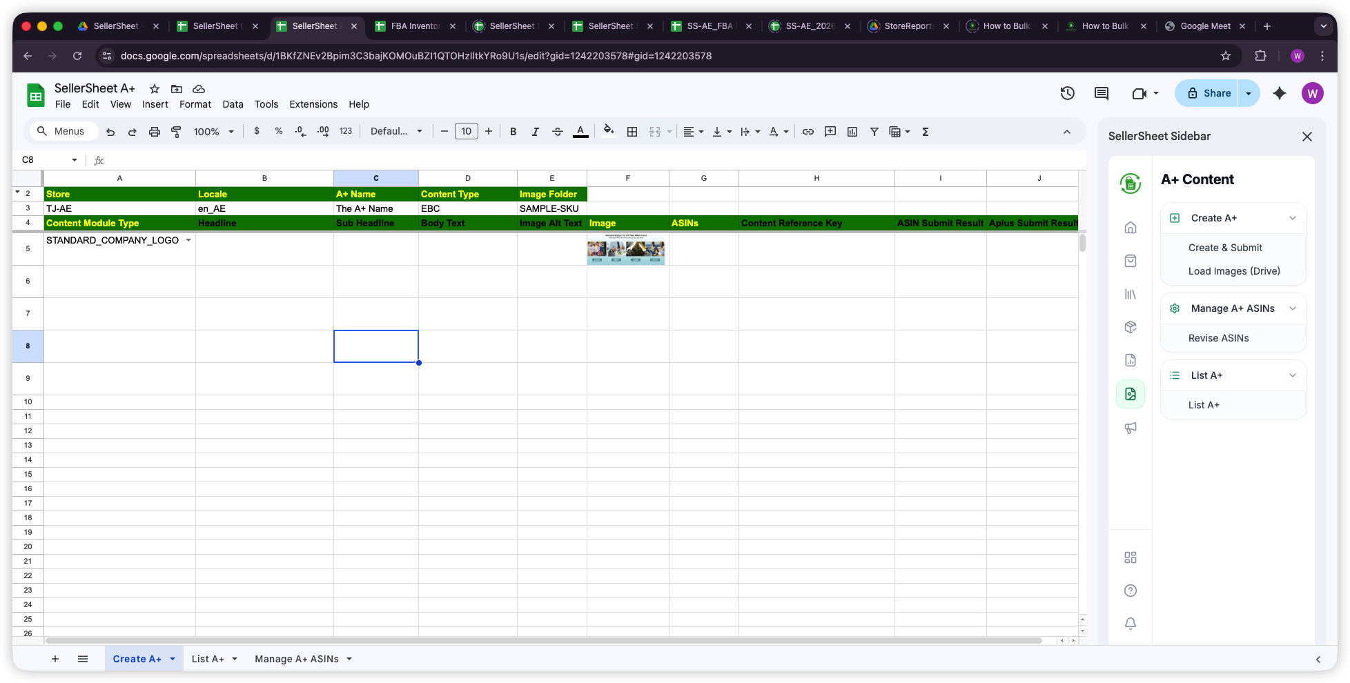 Create A+ sheet showing content module configuration with sidebar