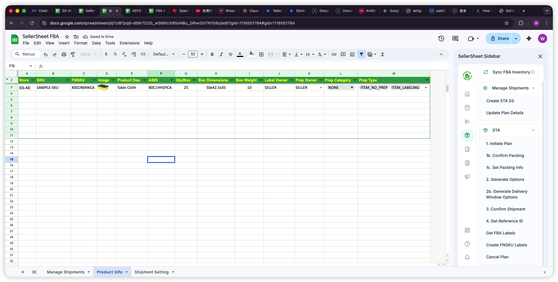 Product Info sheet showing SKU, FNSKU, ASIN, and box details