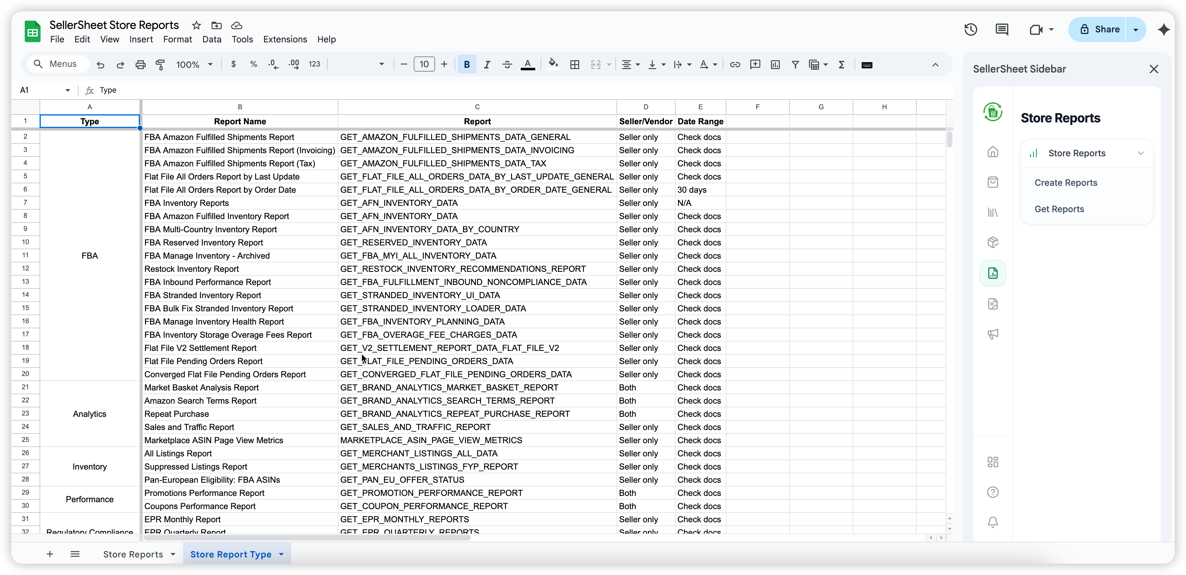 Store Report Type Sheet - List of Available Reports