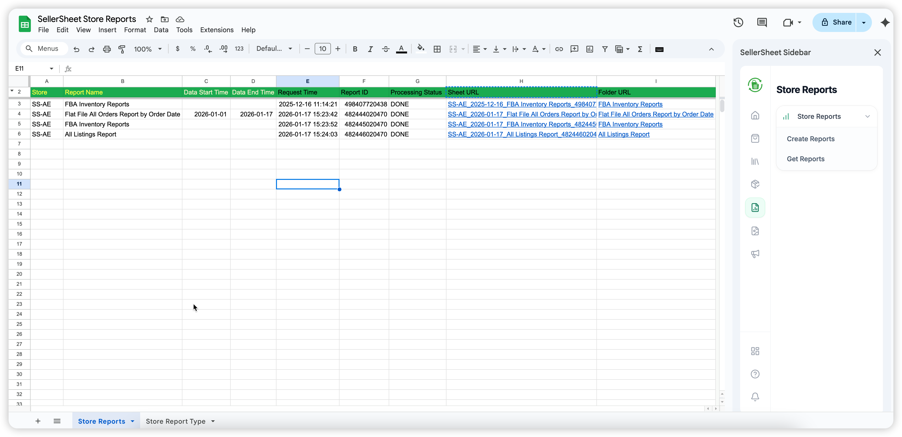 Store Reports Sheet - Configuration