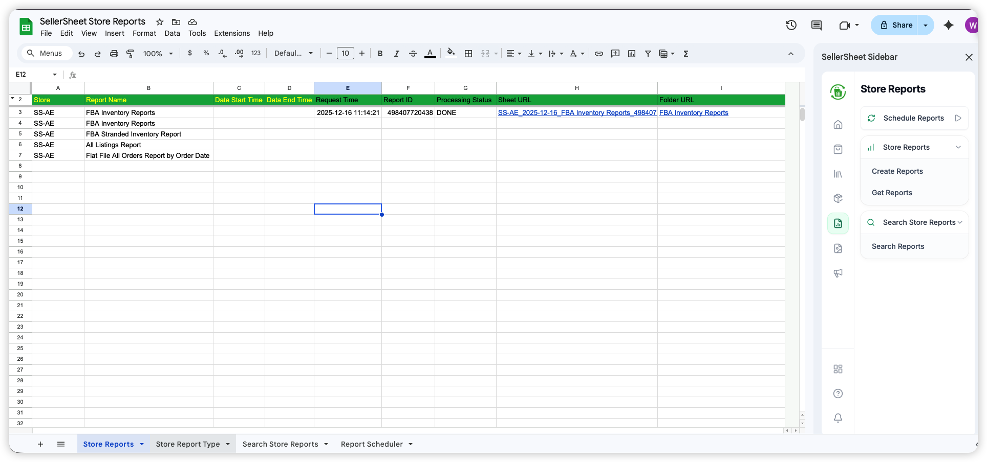 Reorder sheet output showing SKUs below stock threshold