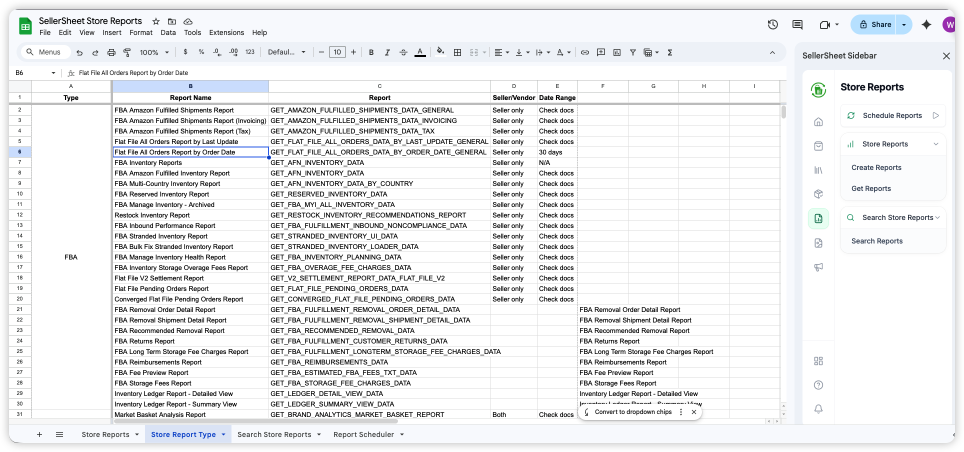 Store Report Type sheet showing available report names and API codes